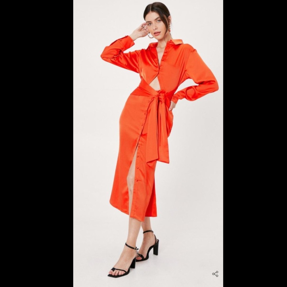 Nasty Gal Cut Out Tie Front Midi Shirt Dress Orange size 6 NWT